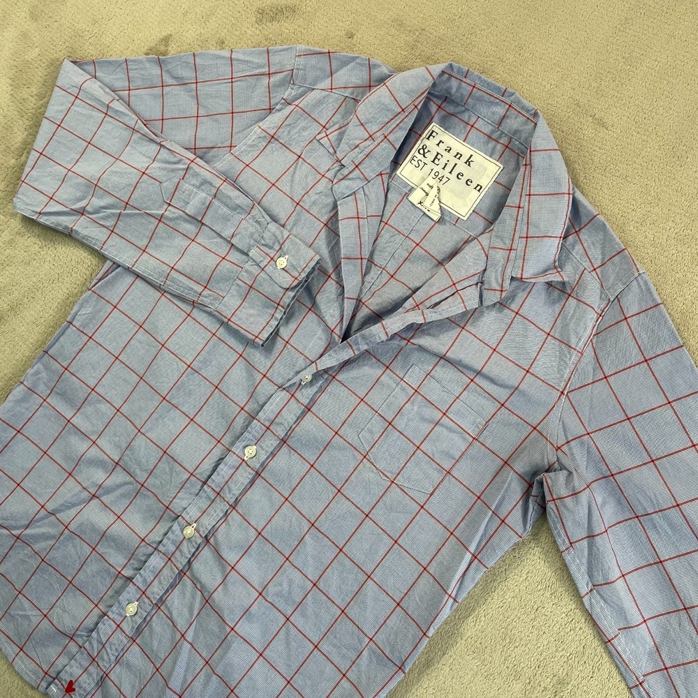 Frank & Eileen Barry Tailored Shirt Women Medium Blue WindowPane Crinkle $238